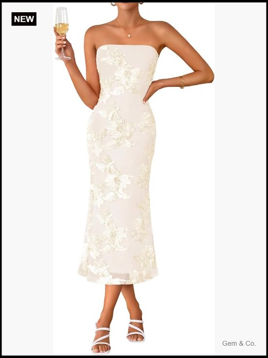 Dresses & Skirts - Strapless Floral Bodycon Midi Dress - Cocktail Wedding Guest Party